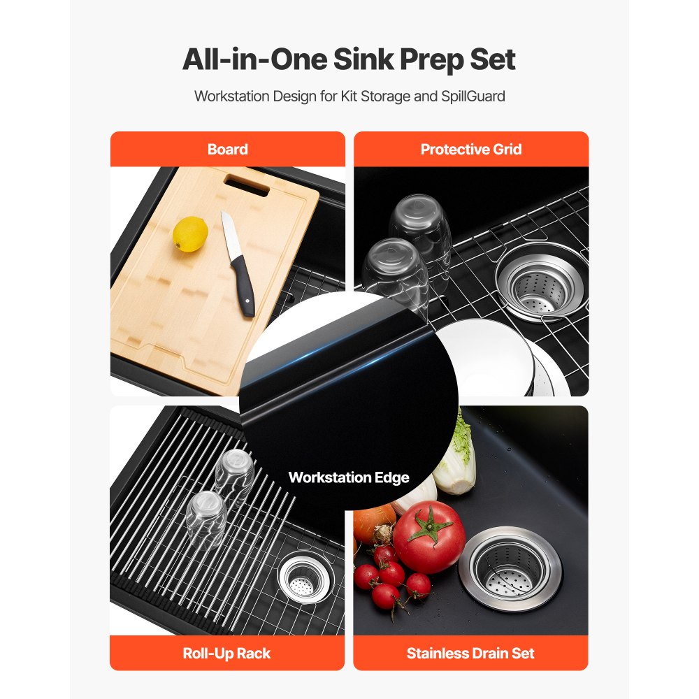 VEVOR 33 inch Kitchen Sink Workstation, Undermount Granite Sink, Drop-In Single Bowl Farmhouse Basin with Multiple Accessories, Household Dishwasher Sinks for RV, Prep Kitchen, and Bar (Black)