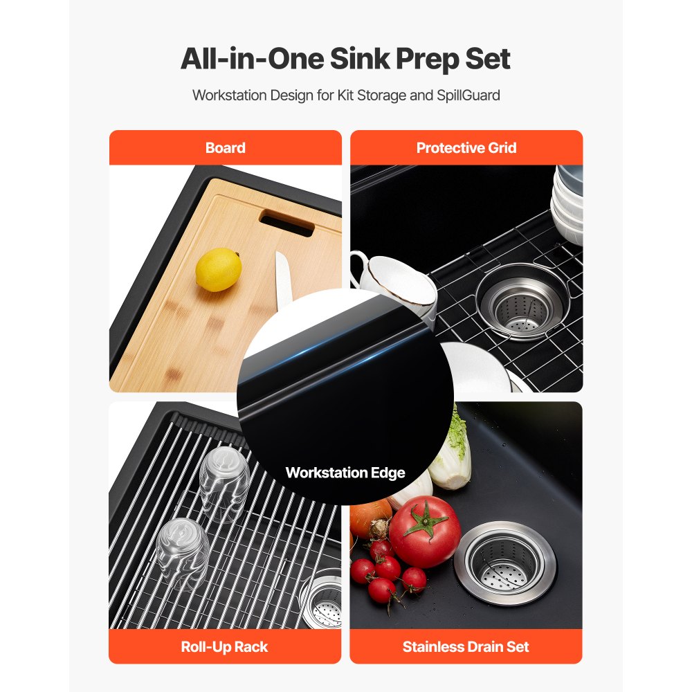 VEVOR 76 cm Kitchen Sink Workstation, Undermount Granite Sink, Drop-In Single Bowl Farmhouse Basin with Multiple Accessories, Household Dishwasher Sinks for RV, Prep Kitchen, and Bar (Black)