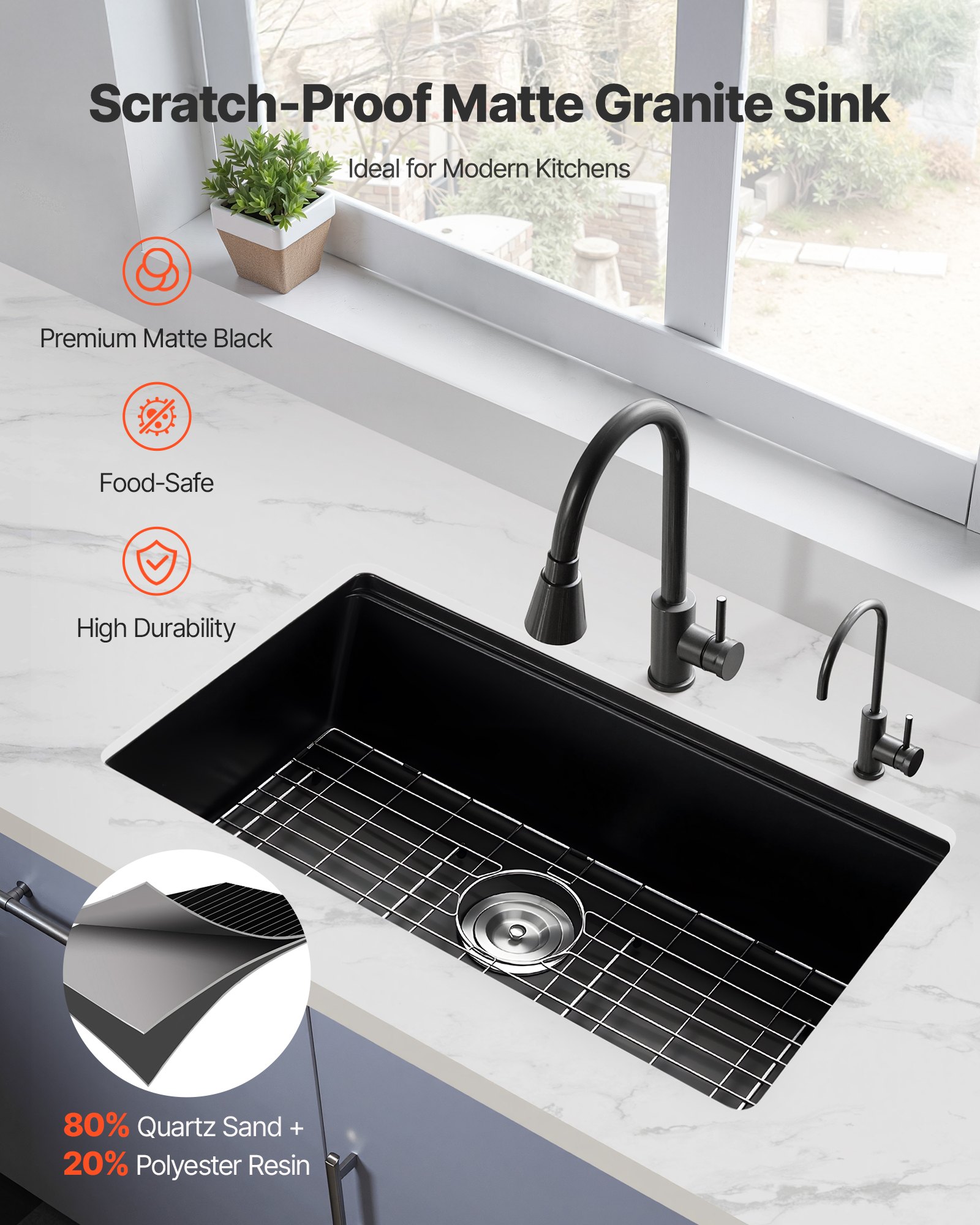VEVOR 76 cm Kitchen Sink Workstation, Undermount Granite Sink, Drop-In Single Bowl Farmhouse Basin with Multiple Accessories, Household Dishwasher Sinks for RV, Prep Kitchen, and Bar (Black)
