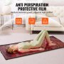 woman exercising on VEVOR red light therapy mat, showcasing anti-perspiration film benefits.