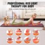 woman using VEVOR red light therapy mat with dog, showcasing targeted relief areas: knees, back, calf, waist.