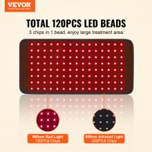 Coussin de luminothérapie rouge VEVOR, 120 coussinets de luminothérapie LED à 3 puces, thérapie par lumière rouge 660 nm et proche infrarouge 850 nm pour le soulagement des douleurs du dos, des épaules et du cou, la santé de la peau, la cicatrisation des plaies, 16,1 x 7,9 pouces