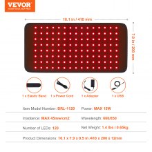 Coussin de luminothérapie rouge VEVOR, 120 coussinets de luminothérapie LED à 3 puces, thérapie par lumière rouge 660 nm et proche infrarouge 850 nm pour le soulagement des douleurs du dos, des épaules et du cou, la santé de la peau, la cicatrisation des plaies, 16,1 x 7,9 pouces