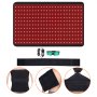 VEVOR red light therapy pad with accessories, waist strap, power cord, green goggles, and usage examples.