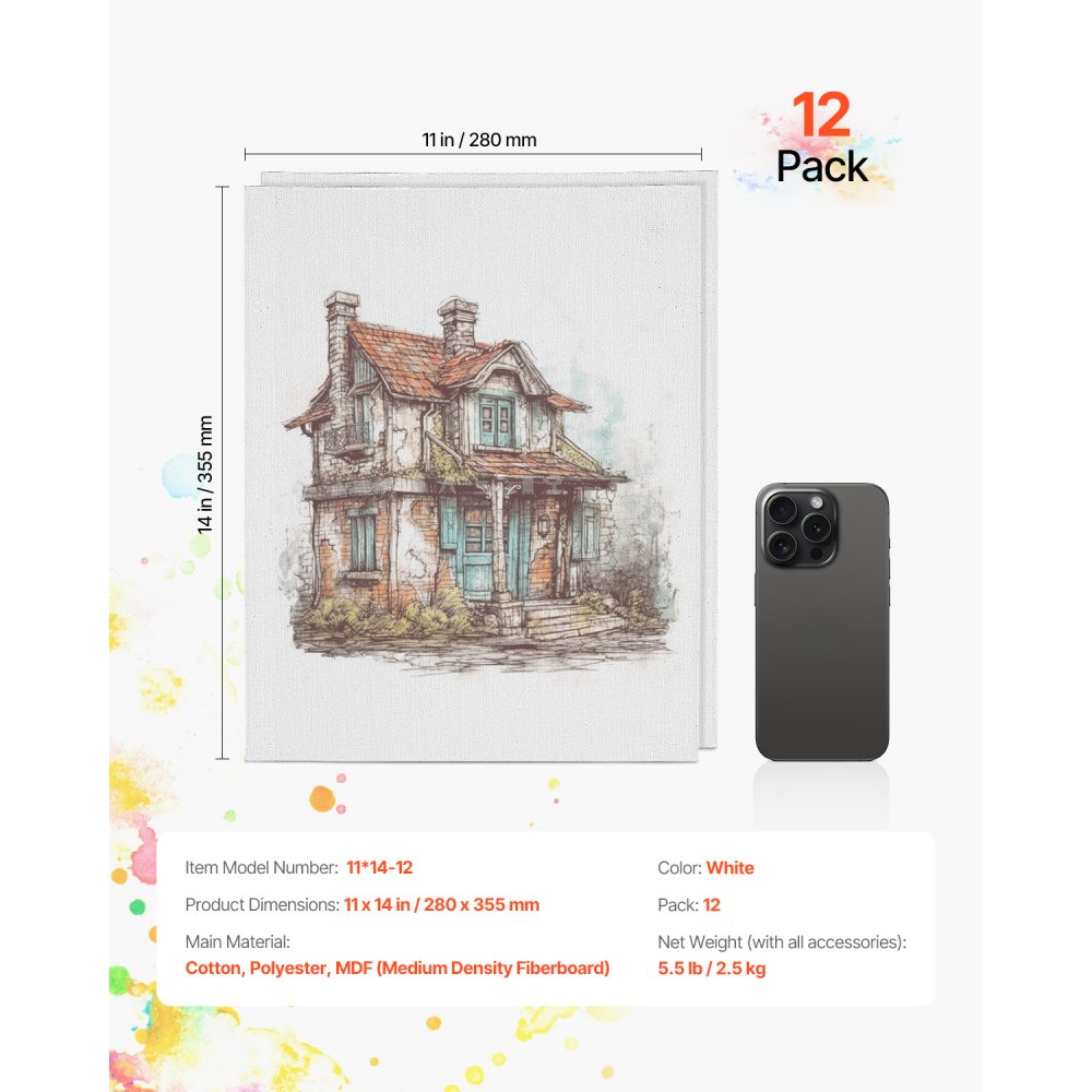 VEVOR Canvas Boards for Painting, 11 x 14 Inch White Canvases for Painting, 12 Pack Painting Canvas Panels for Sketching, Acrylic and Oil Painting, Watercolor, Paint Canvas for Kids and Professionals