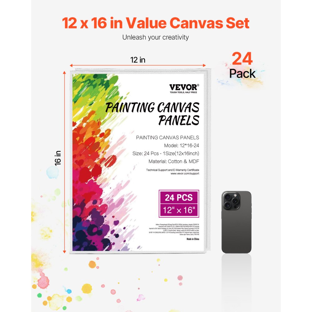 VEVOR Canvas Boards for Painting, 12 x 16 Inch White Canvases for Painting, 24 Pack Painting Canvas Panels for Sketching, Acrylic and Oil Painting, Watercolor, Paint Canvas for Kids and Professionals