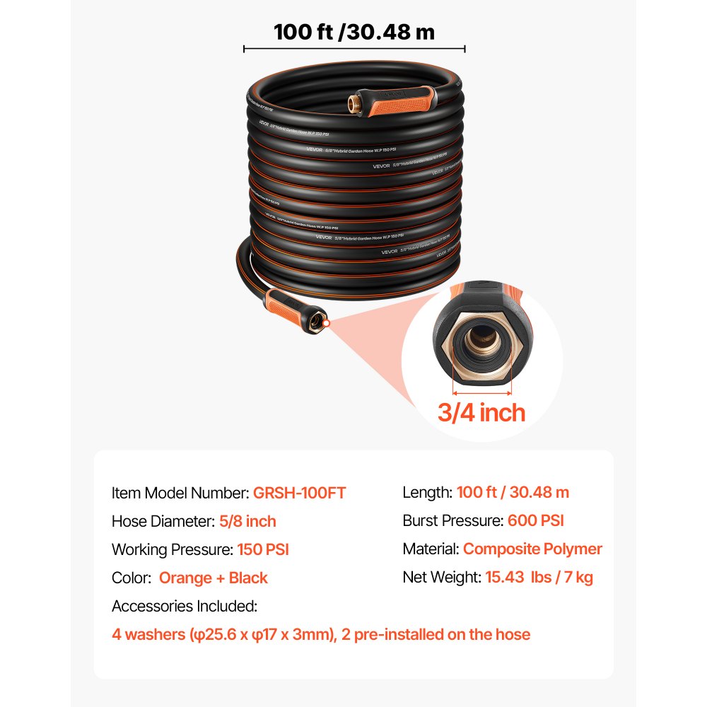 VEVOR Garden Hose, 100 ft 5/8" Heavy Duty 4-Layer Rubber Water Hose, 150PSI Working & 600PSI Burst, Flexible & Non-kink Outdoor Waterhose with 3/4" Fitting, Lightweight Hoses for Gardening Cleaning