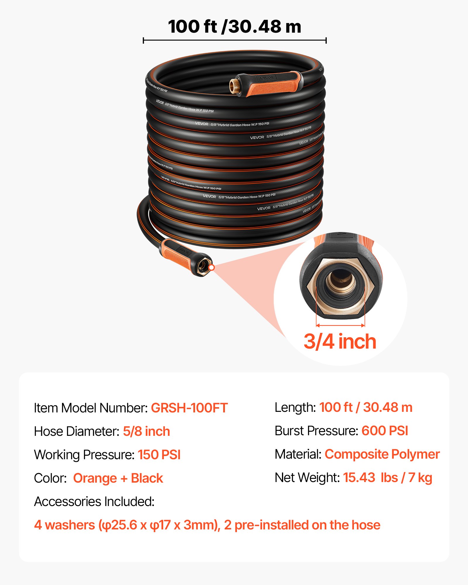 VEVOR Garden Hose, 100 ft 5/8" Heavy Duty 4-Layer Rubber Water Hose, 150PSI Working & 600PSI Burst, Flexible & Non-kink Outdoor Waterhose with 3/4" Fitting, Lightweight Hoses for Gardening Cleaning