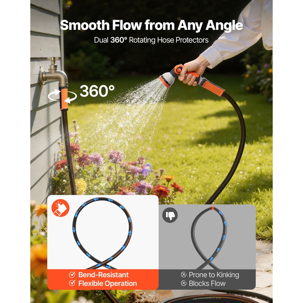 VEVOR Garden Hose, 150 ft 5/8" Heavy Duty Rubber Water Hose with 10 Mode Nozzle, 150PSI Working & 600PSI Burst, Flexible & Non-kink Outdoor Waterhose with 3/4" Fitting, Lightweight Hoses for Gardening