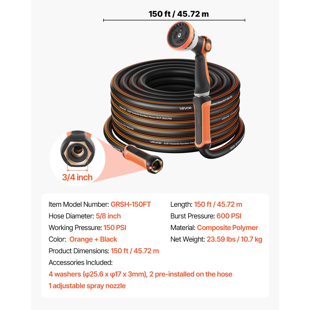 VEVOR Garden Hose, 150 ft 5/8" Heavy Duty Rubber Water Hose with 10 Mode Nozzle, 150PSI Working & 600PSI Burst, Flexible & Non-kink Outdoor Waterhose with 3/4" Fitting, Lightweight Hoses for Gardening