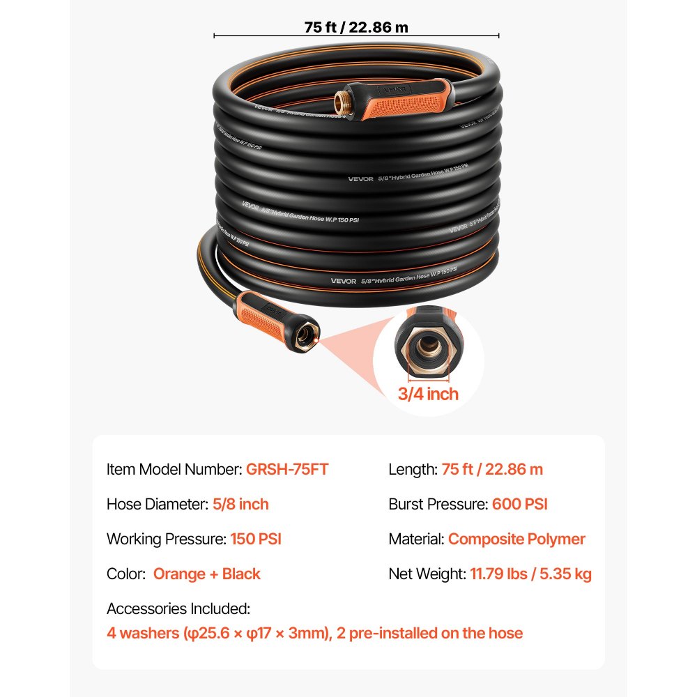 VEVOR Garden Hose, 75 ft 5/8" Heavy Duty 4-Layer Rubber Water Hose, 150PSI Working & 600PSI Burst, Flexible & Non-kink Outdoor Waterhose with 3/4" Fitting, Lightweight Hoses for Gardening Cleaning