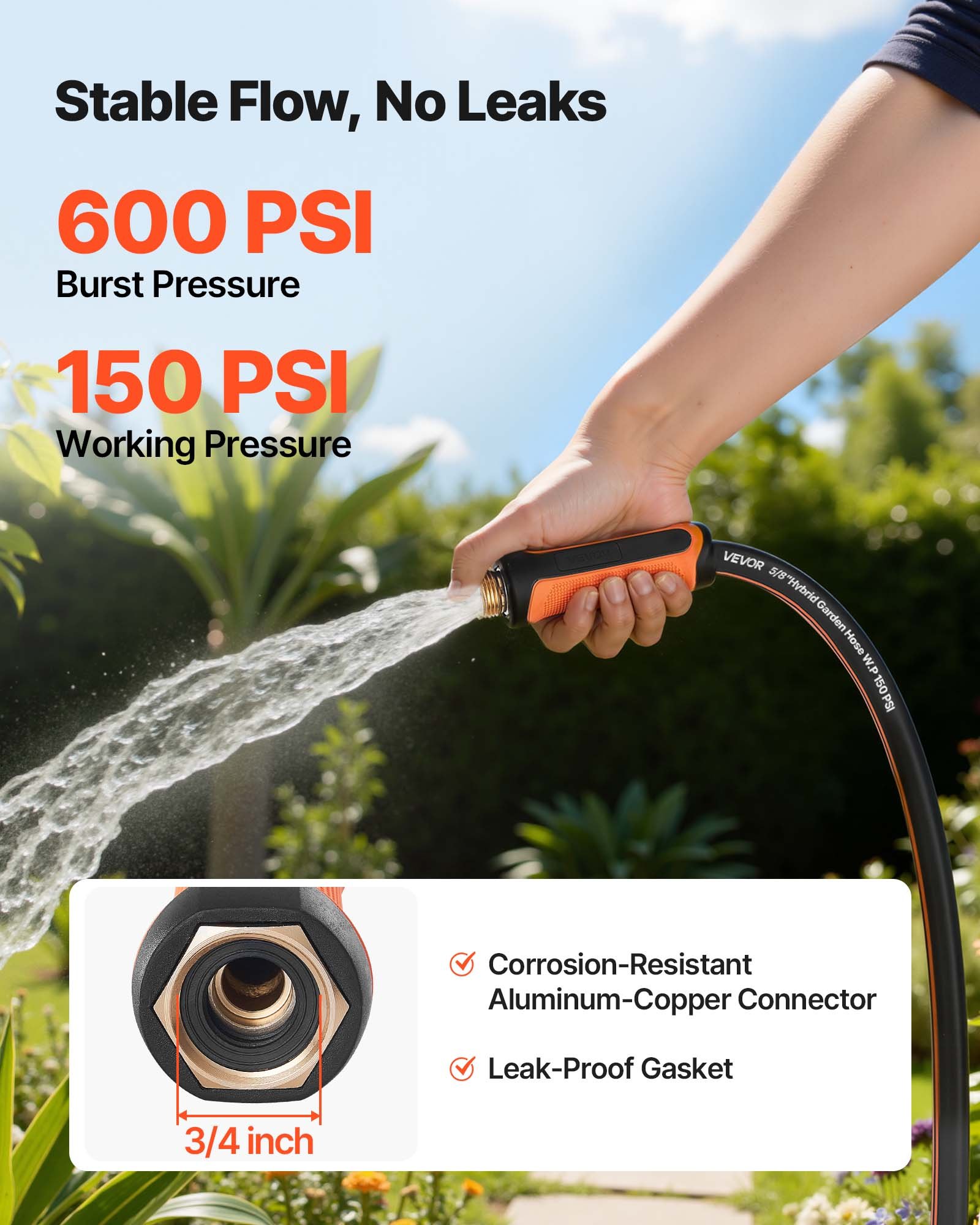 VEVOR Garden Hose, 75 ft 5/8" Heavy Duty 4-Layer Rubber Water Hose, 150PSI Working & 600PSI Burst, Flexible & Non-kink Outdoor Waterhose with 3/4" Fitting, Lightweight Hoses for Gardening Cleaning