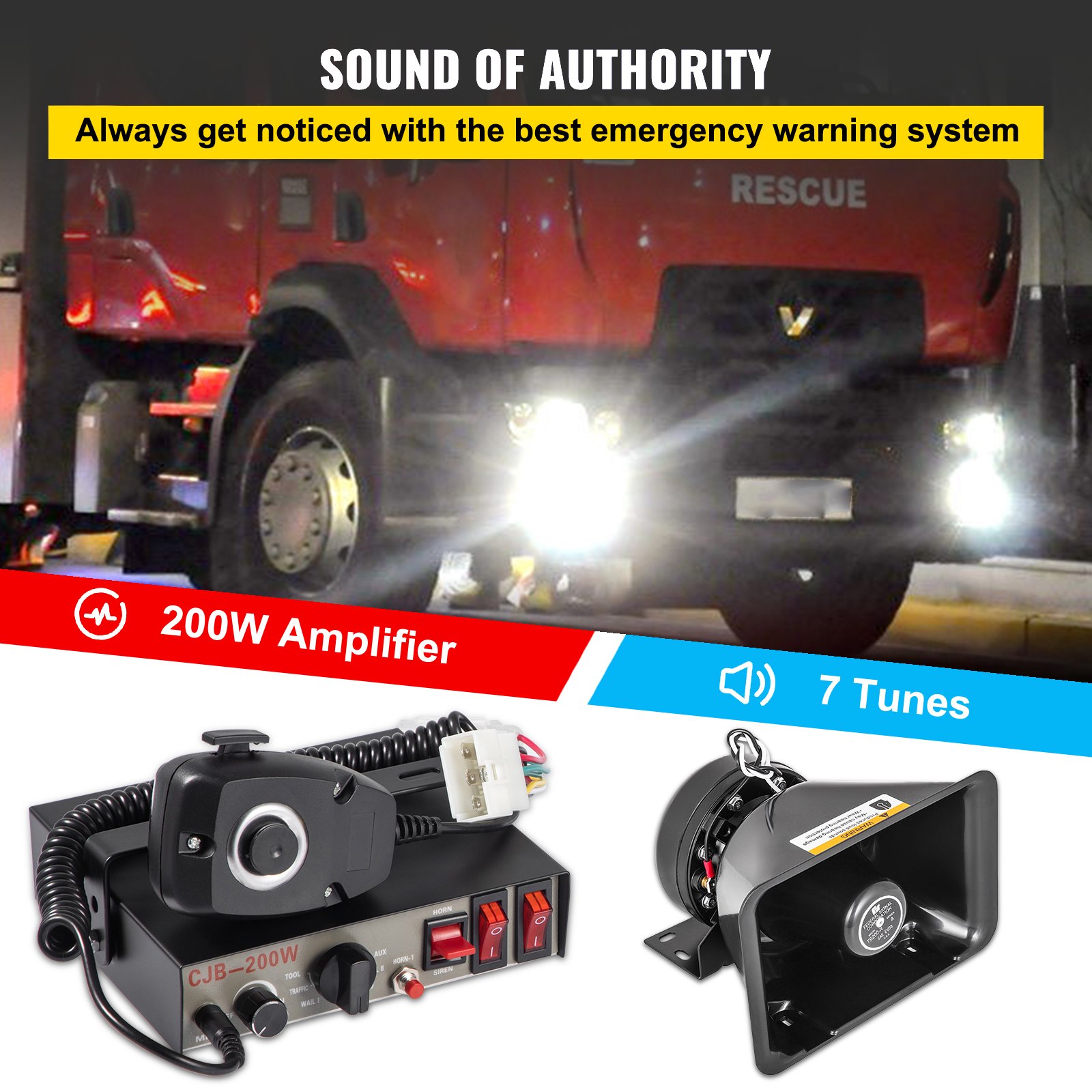 200W 7 Sound Loud Car Warning Alarm Fire Horn PA Speaker MIC System