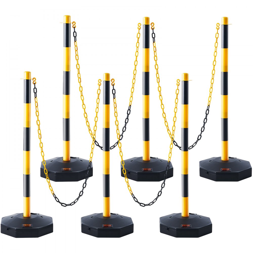 VEVOR Justerbar Traffic Delineator stolpkoner, 6-pack, Trafiksäkerhetsavgränsare Barriär med fyllbar bas 8FT kedja, för Trafikkontroll Varning Parkeringsplats Konstruktion Varning Vägar, gul&svart