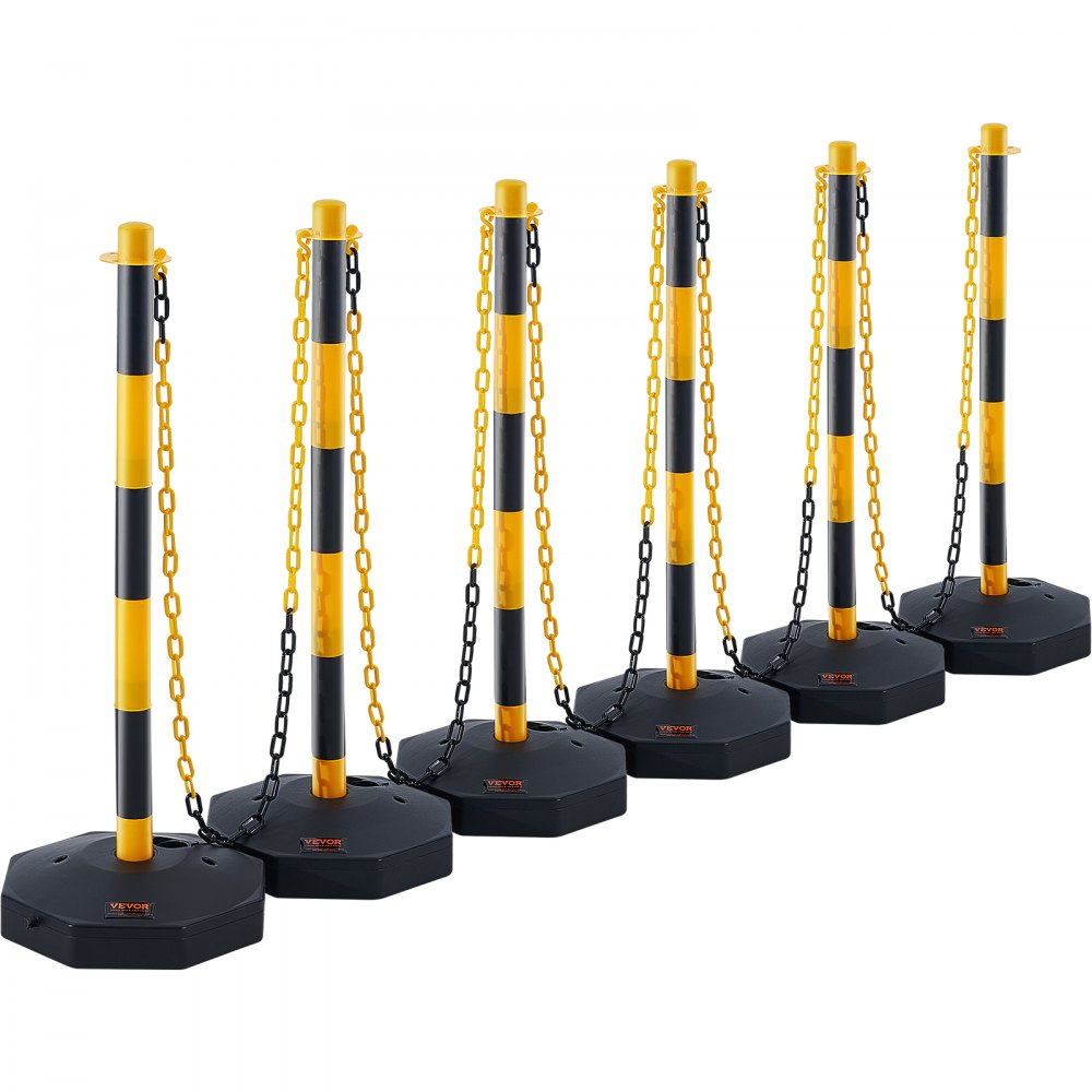 VEVOR Adjustable Traffic Delineator Post Cones, 6 Pack, Traffic Safety Delineator Barrier with Fillable Base 2.44 m Chain, for Traffic Control Warning Parking Lot Construction Caution Roads, Yellow & Black