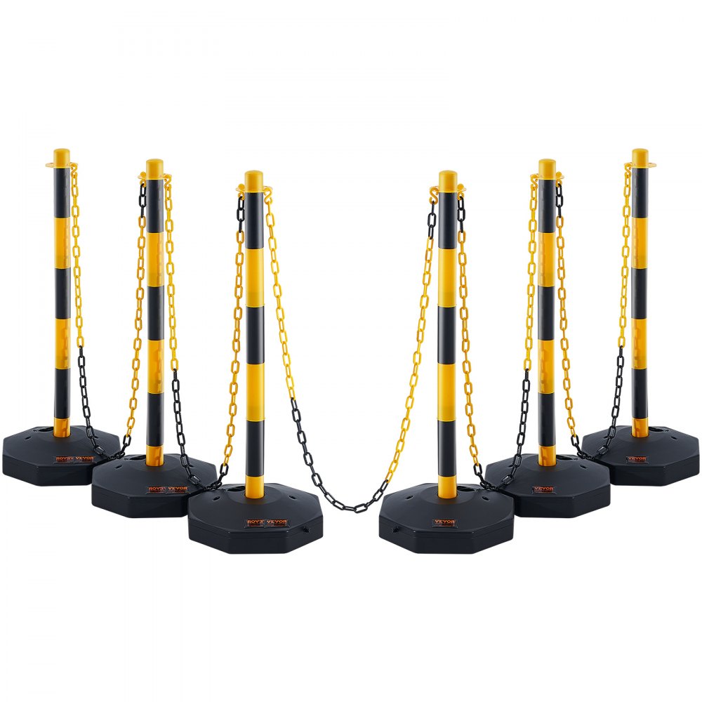 VEVOR Adjustable Traffic Delineator Post Cones, 6 Pack, Traffic Safety Delineator Barrier with Fillable Base 2.44 m Chain, for Traffic Control Warning Parking Lot Construction Caution Roads, Yellow & Black