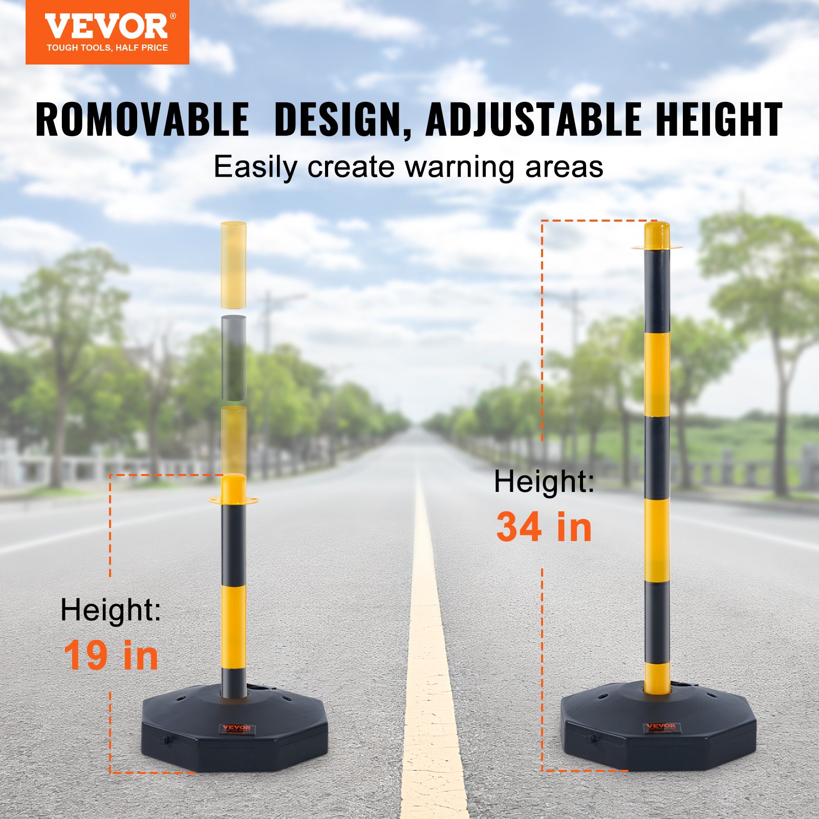 VEVOR Justerbar Traffic Delineator stolpkoner, 6-pack, Trafiksäkerhetsavgränsare Barriär med fyllbar bas 8FT kedja, för Trafikkontroll Varning Parkeringsplats Konstruktion Varning Vägar, gul&svart