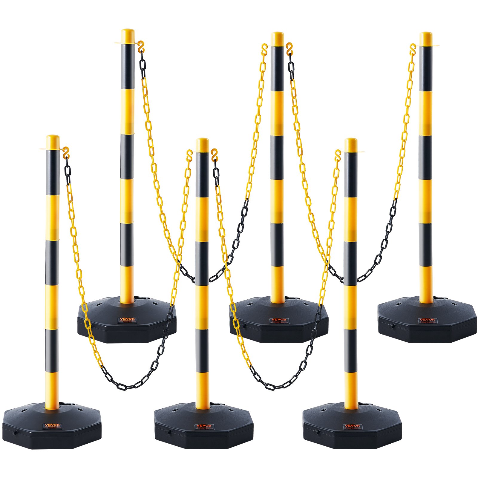 VEVOR Justerbar Traffic Delineator stolpkoner, 6-pack, Trafiksäkerhetsavgränsare Barriär med fyllbar bas 8FT kedja, för Trafikkontroll Varning Parkeringsplats Konstruktion Varning Vägar, gul&svart