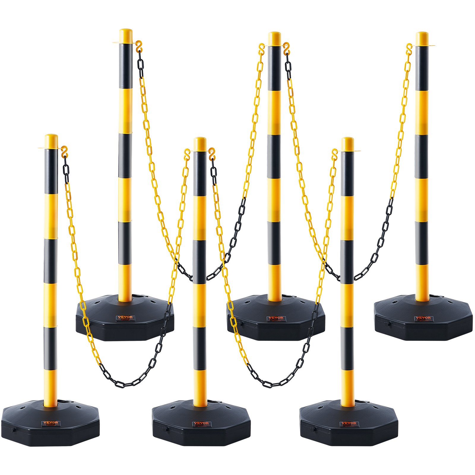 VEVOR Justerbar Traffic Delineator stolpkoner, 6-pack, Trafiksäkerhetsavgränsare Barriär med fyllbar bas 8FT kedja, för Trafikkontroll Varning Parkeringsplats Konstruktion Varning Vägar, gul&svart
