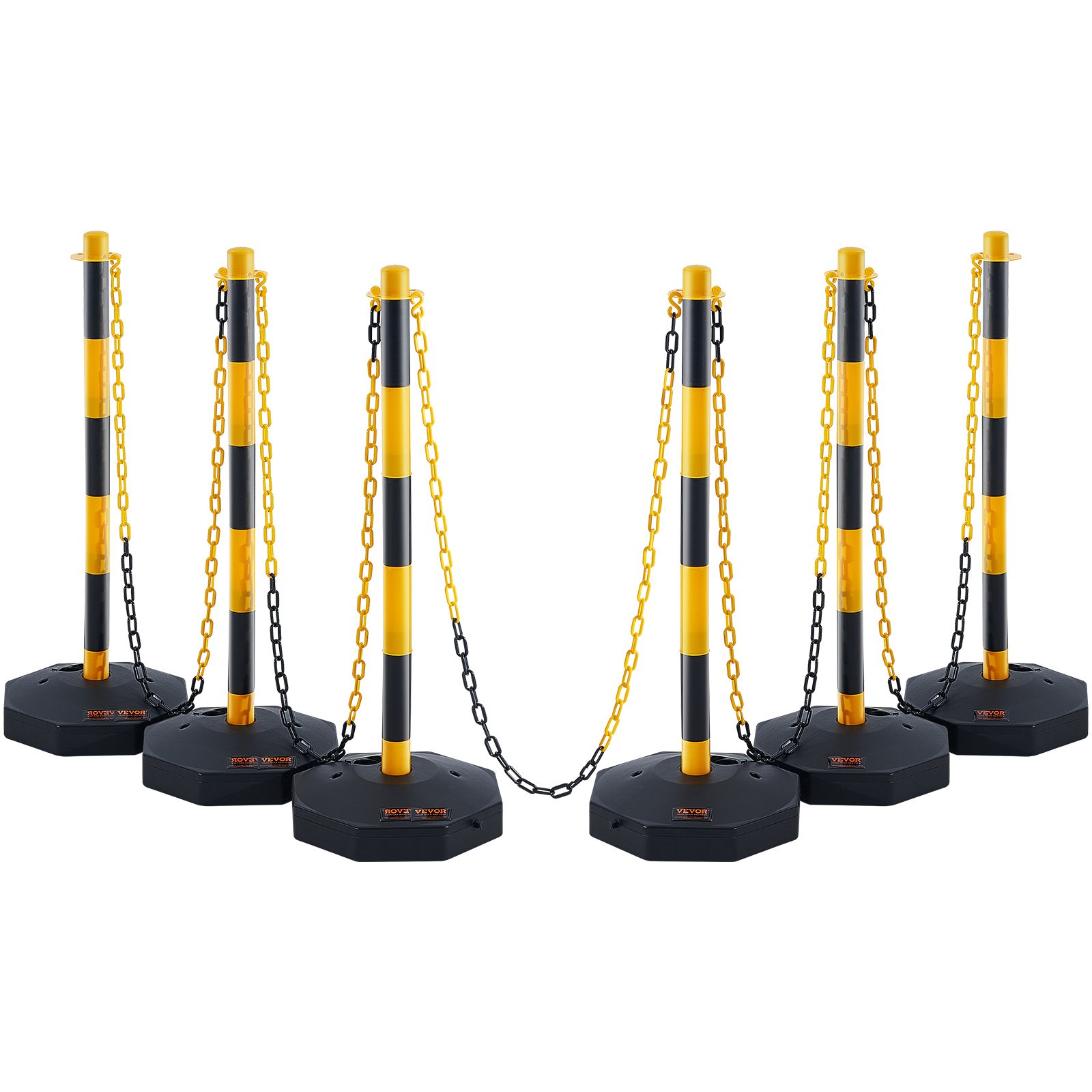 VEVOR Adjustable Traffic Delineator Post Cones, 6 Pack, Traffic Safety Delineator Barrier with Fillable Base 2.44 m Chain, for Traffic Control Warning Parking Lot Construction Caution Roads, Yellow & Black