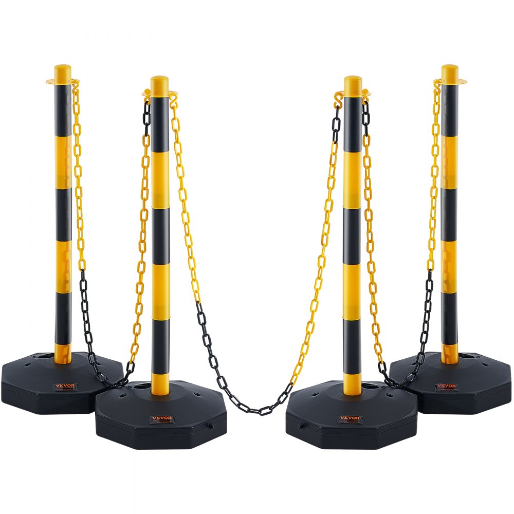 VEVOR Adjustable Traffic Delineator Post Cones, 4 Pack, Traffic Safety Delineator Barrier with Fillable Base 8FT Chain, for Traffic Control Warning Parking Lot Construction Caution Roads, Yellow&Black