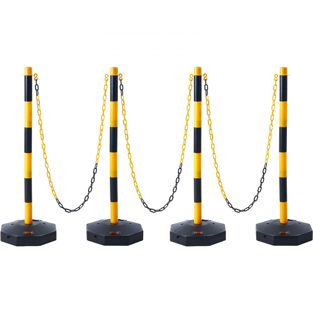 VEVOR Adjustable Traffic Delineator Post Cones, 4 Pack, Traffic Safety Delineator Barrier with Fillable Base 8FT Chain, for Traffic Control Warning Parking Lot Construction Caution Roads, Yellow&Black