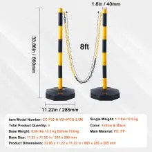 VEVOR Adjustable Traffic Delineator Post Cones, 4 Pack, Traffic Safety Delineator Barrier with Fillable Base 8FT Chain, for Traffic Control Warning Parking Lot Construction Caution Roads, Yellow&Black