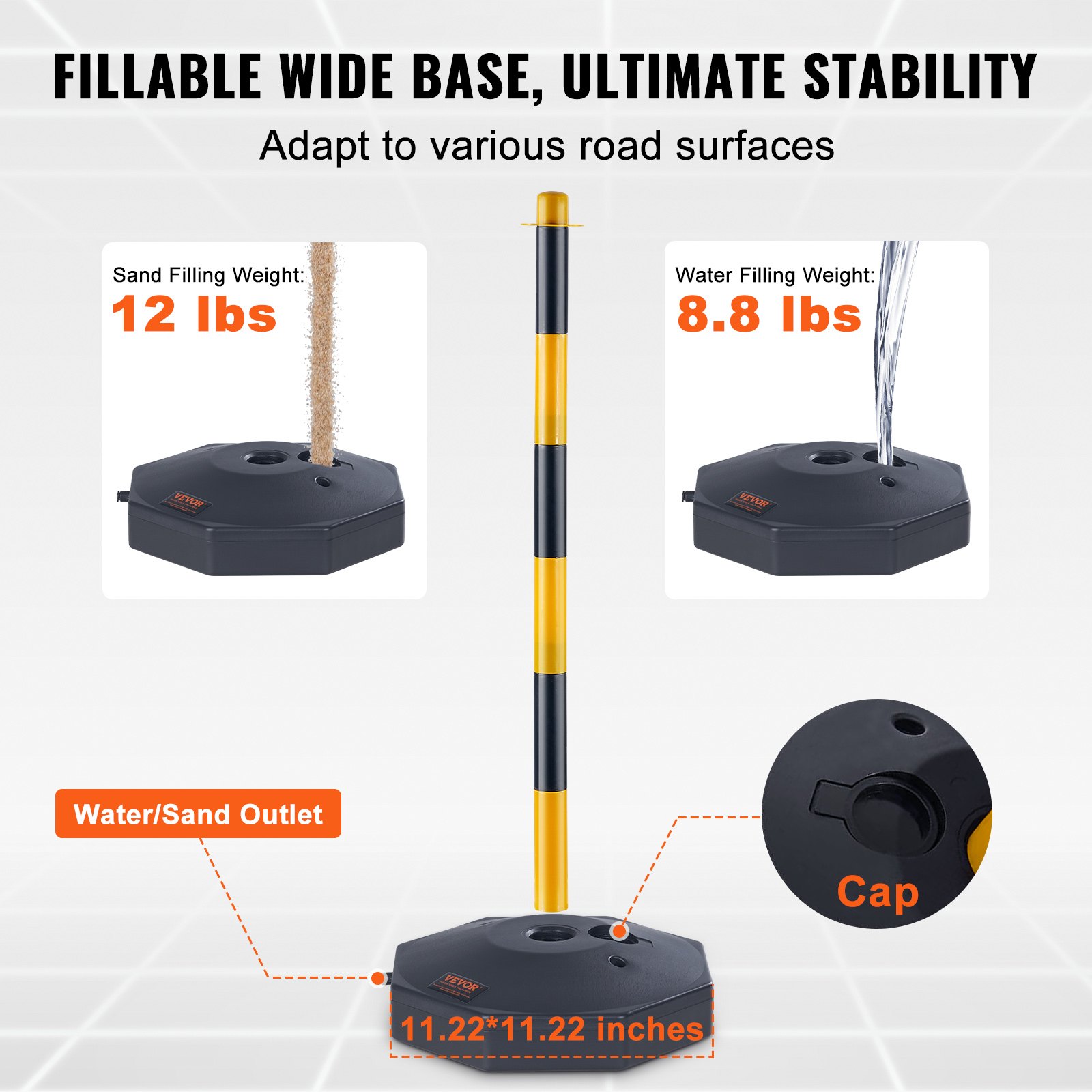 VEVOR Adjustable Traffic Delineator Post Cones, 4 Pack, Traffic Safety Delineator Barrier with Fillable Base 8FT Chain, for Traffic Control Warning Parking Lot Construction Caution Roads, Yellow&Black