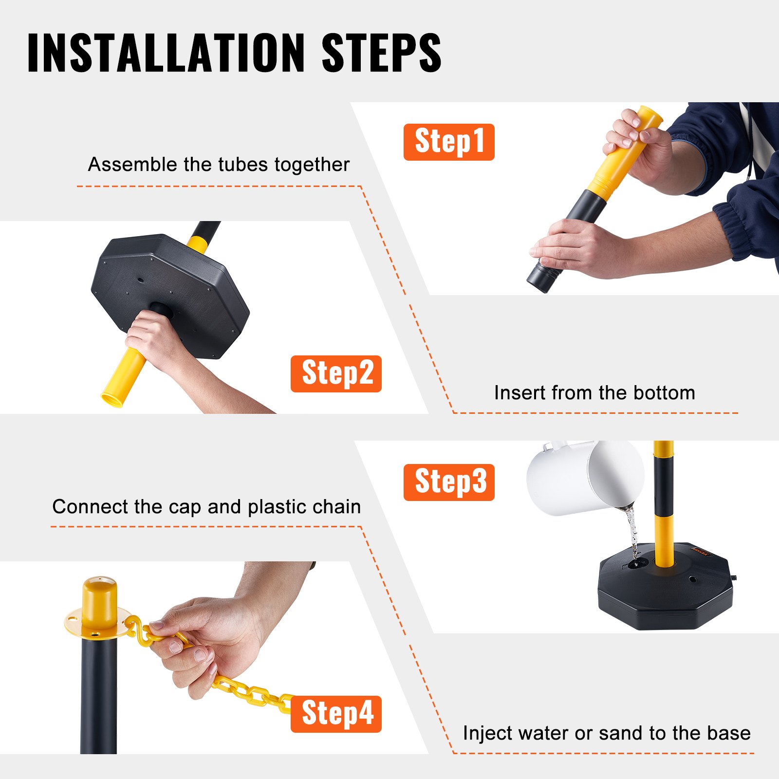 VEVOR Adjustable Traffic Delineator Post Cones, 4 Pack, Traffic Safety Delineator Barrier with Fillable Base 8FT Chain, for Traffic Control Warning Parking Lot Construction Caution Roads, Yellow&Black