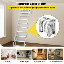 VEVOR Attic Steps Pull Down 12 Steps Attic Stairs Alloy Attic Access Ladder, White Pulldown Attic Stairs, Wall-mounted Folding Stairs for Attic, Retractable Attic Ladder with Armrests, 9.8 feet Height