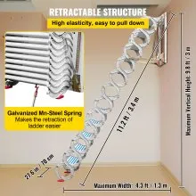 VEVOR Attic Steps Pull Down 12 Steps Attic Stairs Alloy Attic Access Ladder, White Pulldown Attic Stairs, Wall-mounted Folding Stairs for Attic, Retractable Attic Ladder with Armrests, 9.8 feet Height