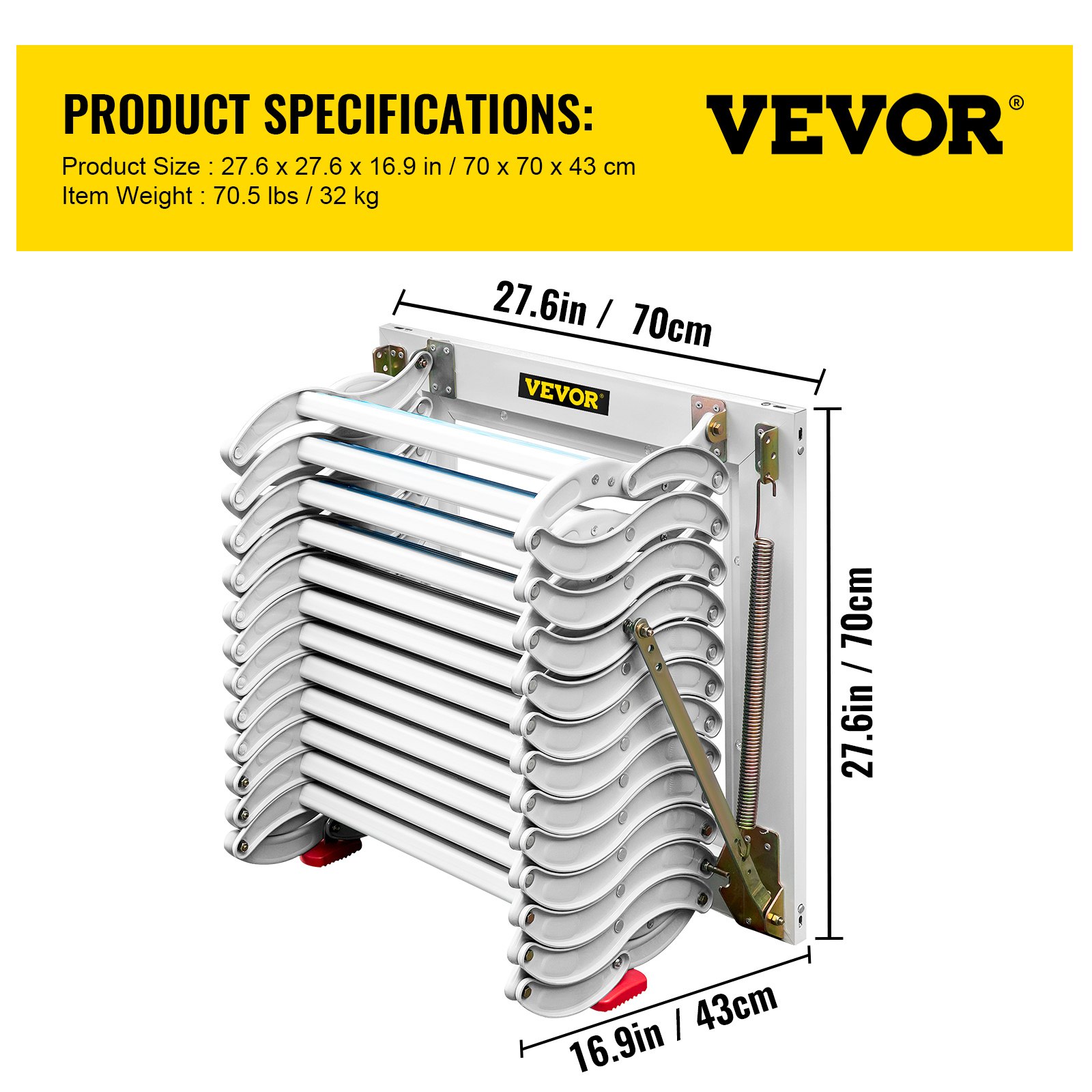 VEVOR Attic Steps Pull Down 12 Steps Attic Stairs Alloy Attic Access Ladder, White Pulldown Attic Stairs, Wall-mounted Folding Stairs for Attic, Retractable Attic Ladder with Armrests, 9.8 feet Height