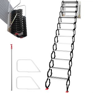 VEVOR Attic Steps Pull Down 12 Steps Attic Stairs Alloy Attic Access Ladder, Black Pulldown Attic Stairs, Wall-mounted Folding Stairs for Attic, Retractable Attic Ladder with Armrests, 9.8 feet Height | VEVOR US
