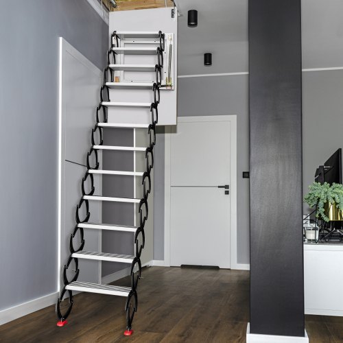 VEVOR Attic Steps Pull Down 12 Steps Attic Stairs Alloy Attic Access Ladder, Black Pulldown Attic Stairs, Wall-mounted Folding Stairs for Attic, Retractable Attic Ladder with Armrests, 9.8 feet Height