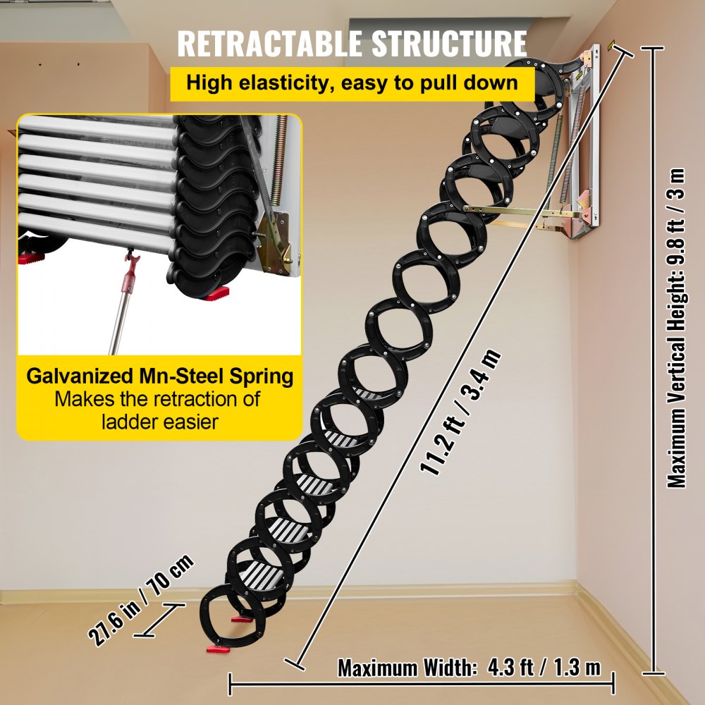 VEVOR Attic Steps Pull Down 12 Steps Attic Stairs Alloy Attic Access Ladder, Black Pulldown Attic Stairs, Wall-mounted Folding Stairs for Attic, Retractable Attic Ladder with Armrests, 9.8 feet Height