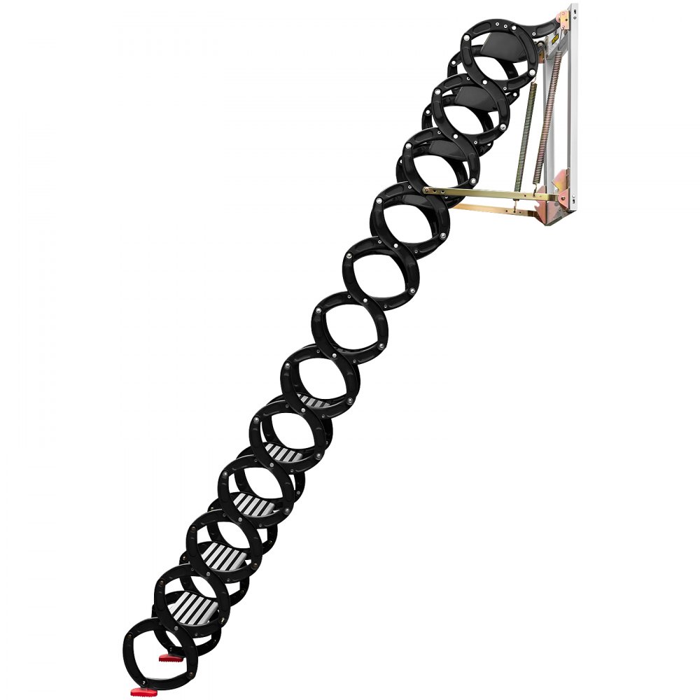 VEVOR Attic Steps Pull Down 12 Steps Attic Stairs Alloy Attic Access Ladder, Black Pulldown Attic Stairs, Wall-mounted Folding Stairs for Attic, Retractable Attic Ladder with Armrests, 9.8 feet Height
