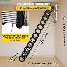 VEVOR Attic Steps Pull Down 12 Steps Attic Stairs Alloy Attic Access Ladder, Black Pulldown Attic Stairs, Wall-mounted Folding Stairs for Attic, Retractable Attic Ladder with Armrests, 9.8 feet Height