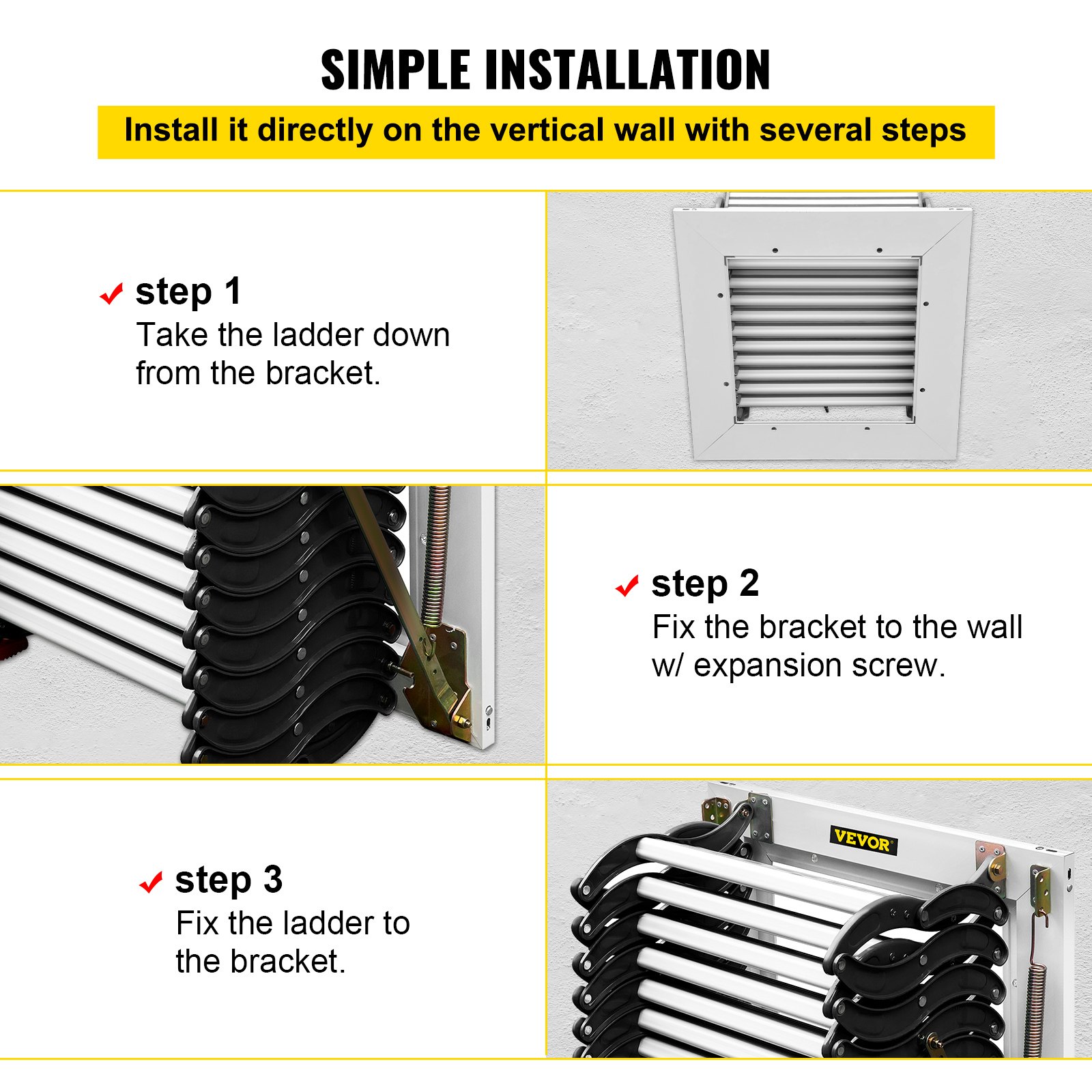 VEVOR Attic Steps Pull Down 12 Steps Attic Stairs Alloy Attic Access Ladder, Black Pulldown Attic Stairs, Wall-mounted Folding Stairs for Attic, Retractable Attic Ladder with Armrests, 9.8 feet Height