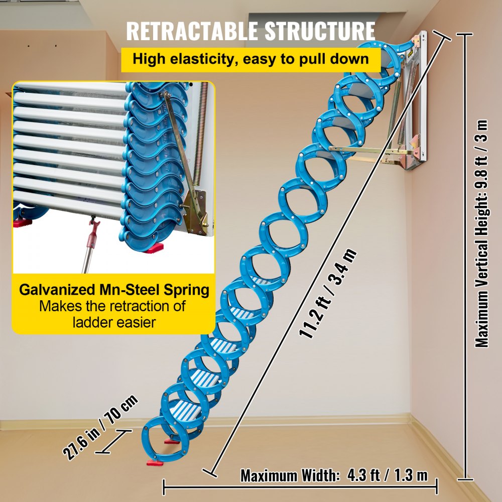 VEVOR Attic Steps Pull Down 12 Steps Attic Stairs, Alloy Attic Access Ladder, Blue Pulldown Attic Stairs, Wall-mounted Folding Stairs for Attic, Retractable Attic Ladder with Armrests, 9.8 feet Height