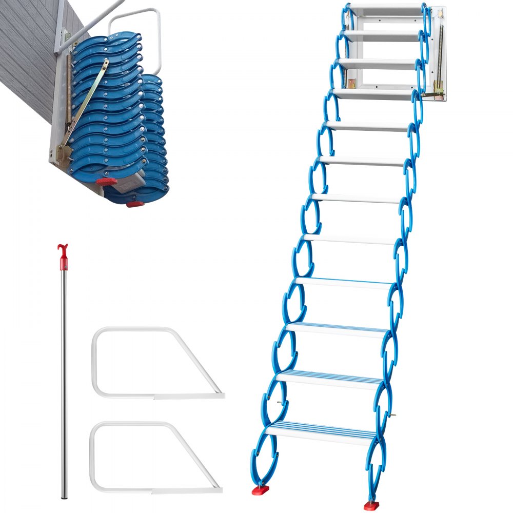 VEVOR Escaleras de ático desplegables de 12 escalones, escalera de acceso al ático de aleación, escaleras de ático desplegables azules, escaleras plegables montadas en la pared para ático, escalera de ático retráctil con apoyabrazos, 9,8 pies de altura