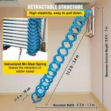 VEVOR Attic Steps Pull Down 12 Steps Attic Stairs, Alloy Attic Access Ladder, Blue Pulldown Attic Stairs, Wall-mounted Folding Stairs for Attic, Retractable Attic Ladder with Armrests, 9.8 feet Height