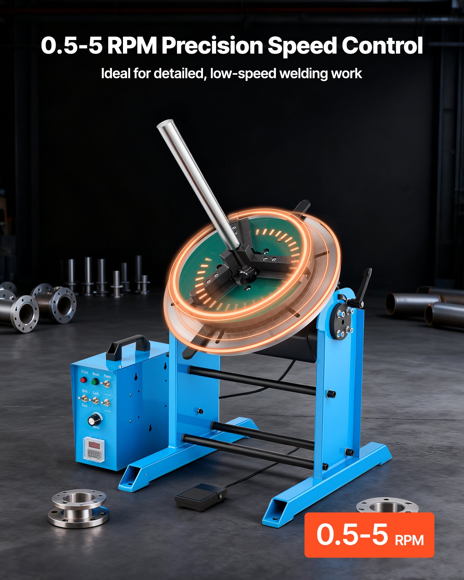 VEVOR Rotary Welding Positioner, 200 kg Load Capacity, -45° to 90° Tilt Angle Welding Positioner Turntable Table, 0.5-5 RPM Speed Control, Electric and Foot Pedal, for Cutting, Grinding, Assembly