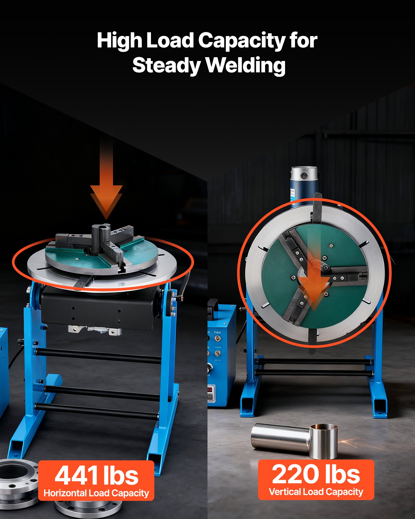 VEVOR Rotary Welding Positioner, 441 lbs Load Capacity, -45° to 90° Tilt Angle Welding Positioner Turntable Table, 0.5-5 RPM Speed Control, Electric and Foot Pedal, for Cutting, Grinding, Assembly