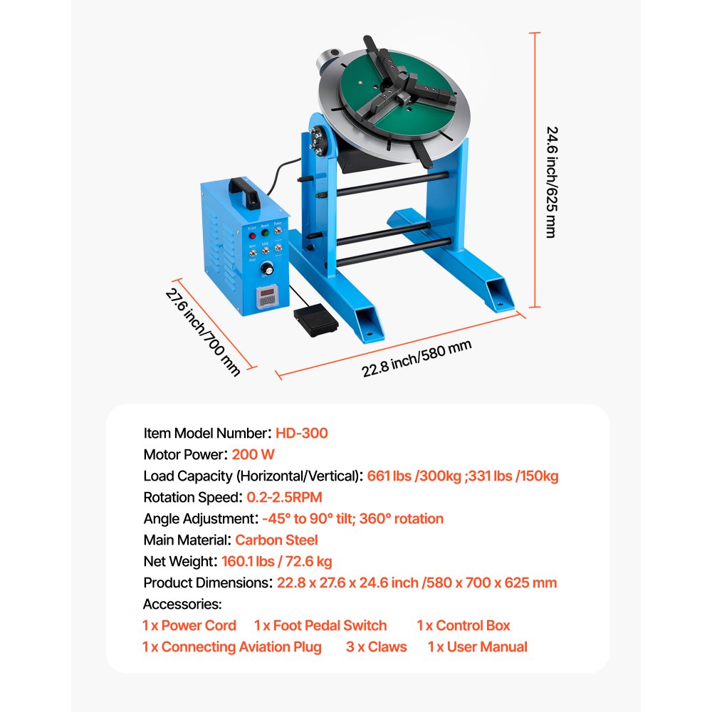 VEVOR Rotary Welding Positioner, 300 kg Load Capacity, -45° to 90° Tilt Angle Welding Positioner Turntable Table, 0.2-2.5 RPM Speed Control, Electric and Foot Pedal, for Cutting, Grinding, Assembly