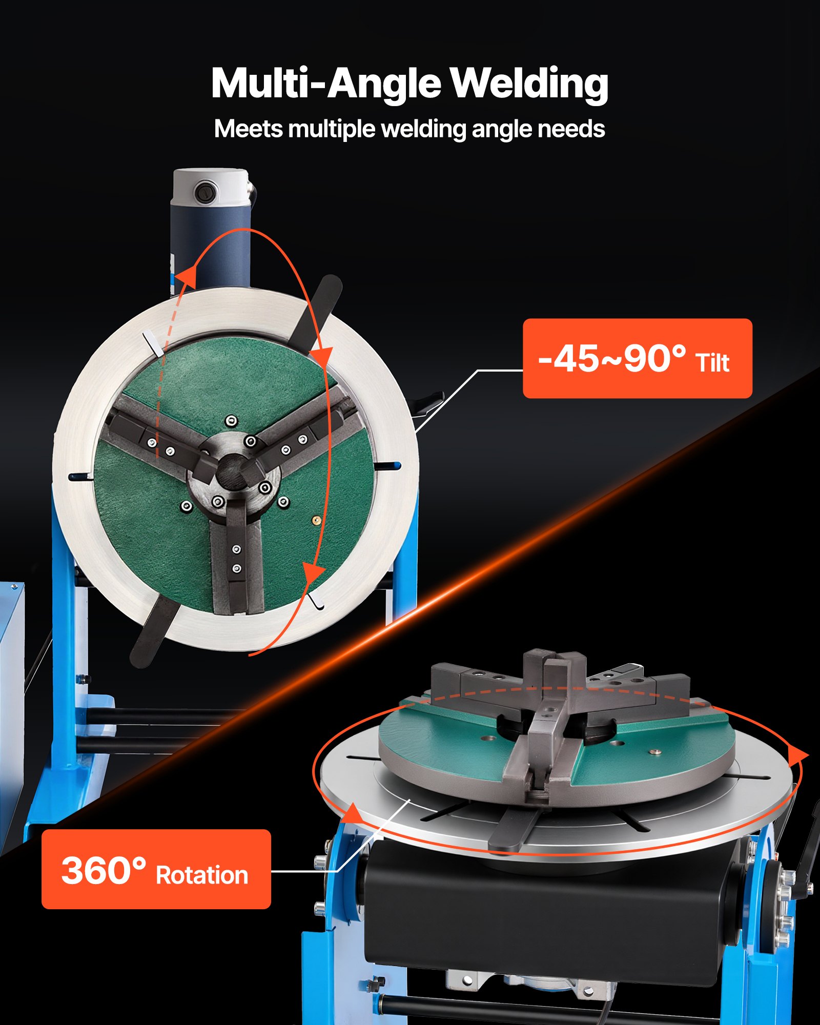 VEVOR Rotary Welding Positioner, 300 kg Load Capacity, -45° to 90° Tilt Angle Welding Positioner Turntable Table, 0.2-2.5 RPM Speed Control, Electric and Foot Pedal, for Cutting, Grinding, Assembly