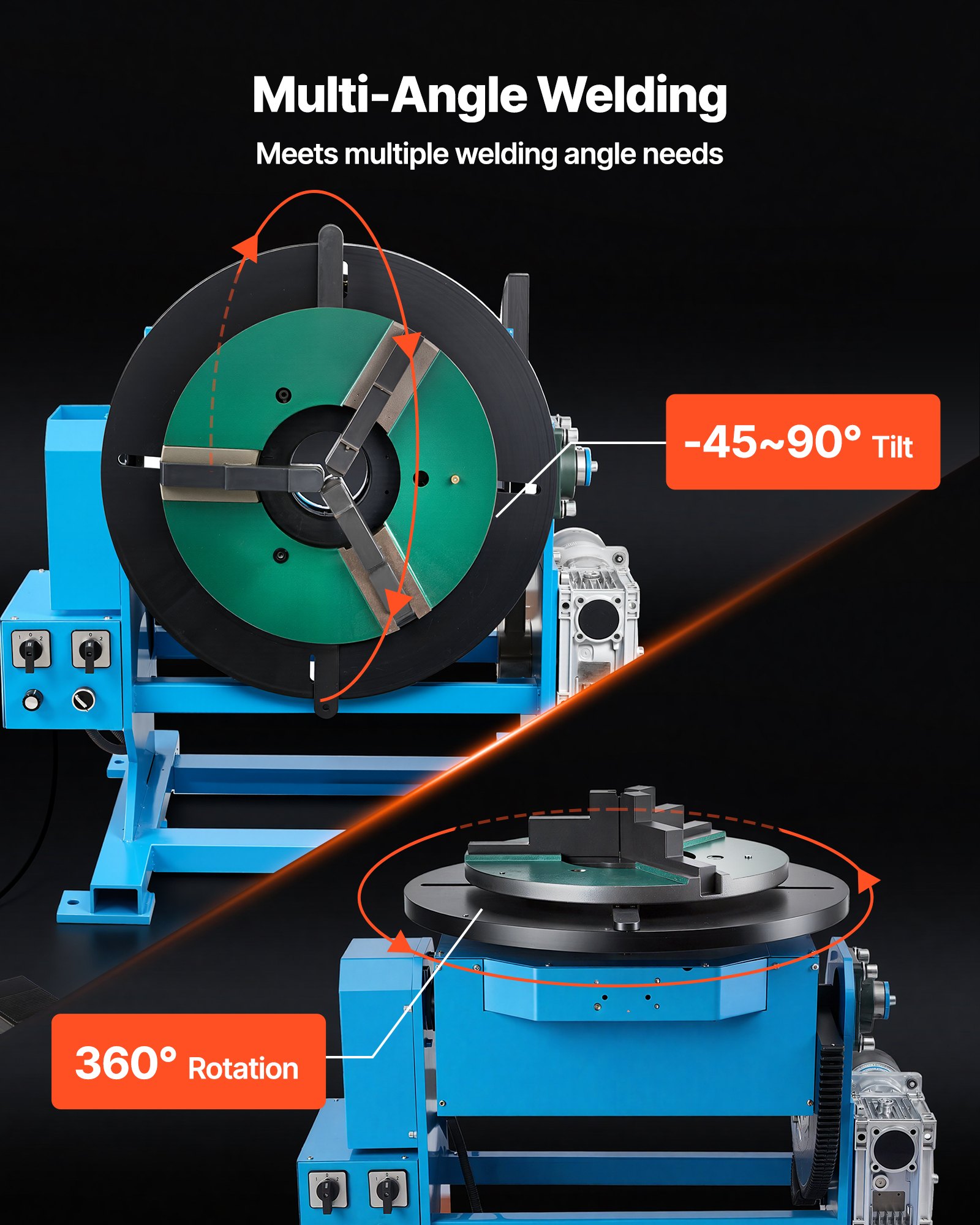 VEVOR Rotary Welding Positioner, 500 kg Load Capacity, -45° to 90° Tilt Angle Welding Positioner Turntable Table, 0.2-2 RPM Speed Control, Electric and Foot Pedal, for Cutting, Grinding, Assembly
