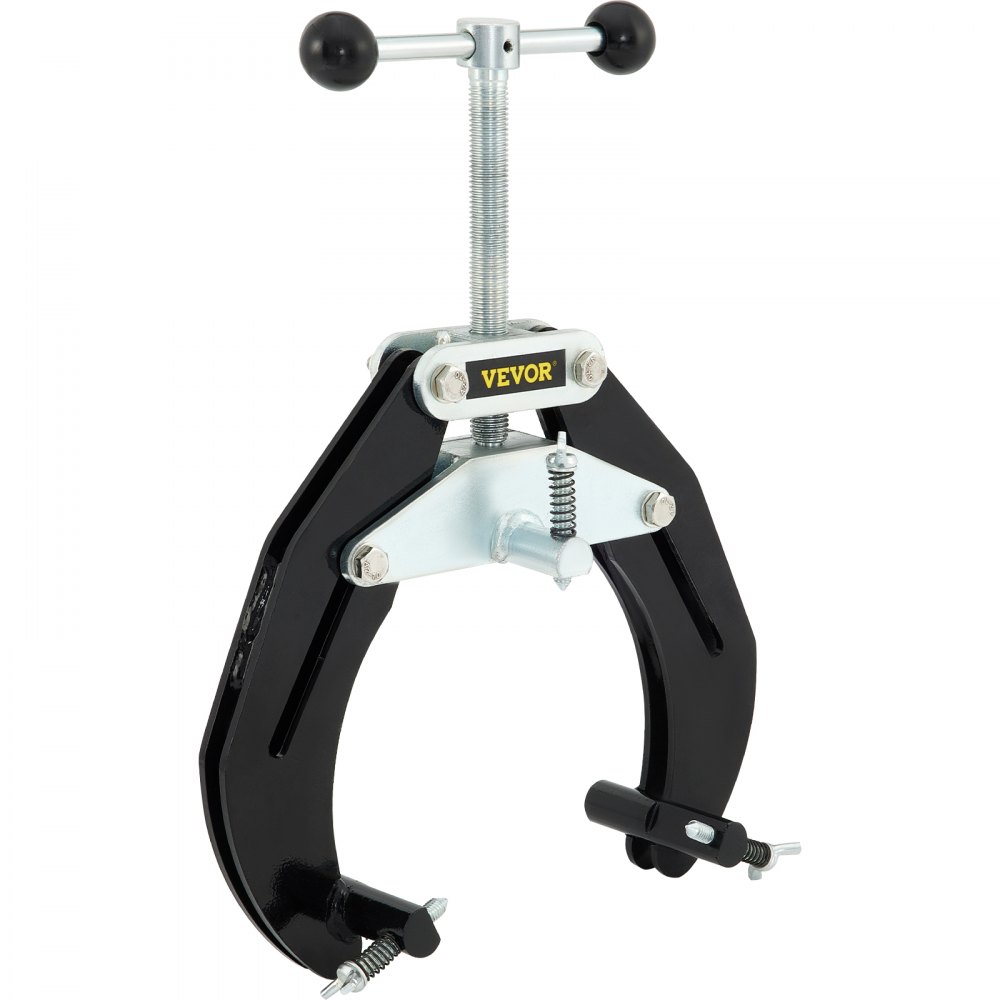 black VEVOR pipe clamp with adjustable screw handle and metal support mechanism.