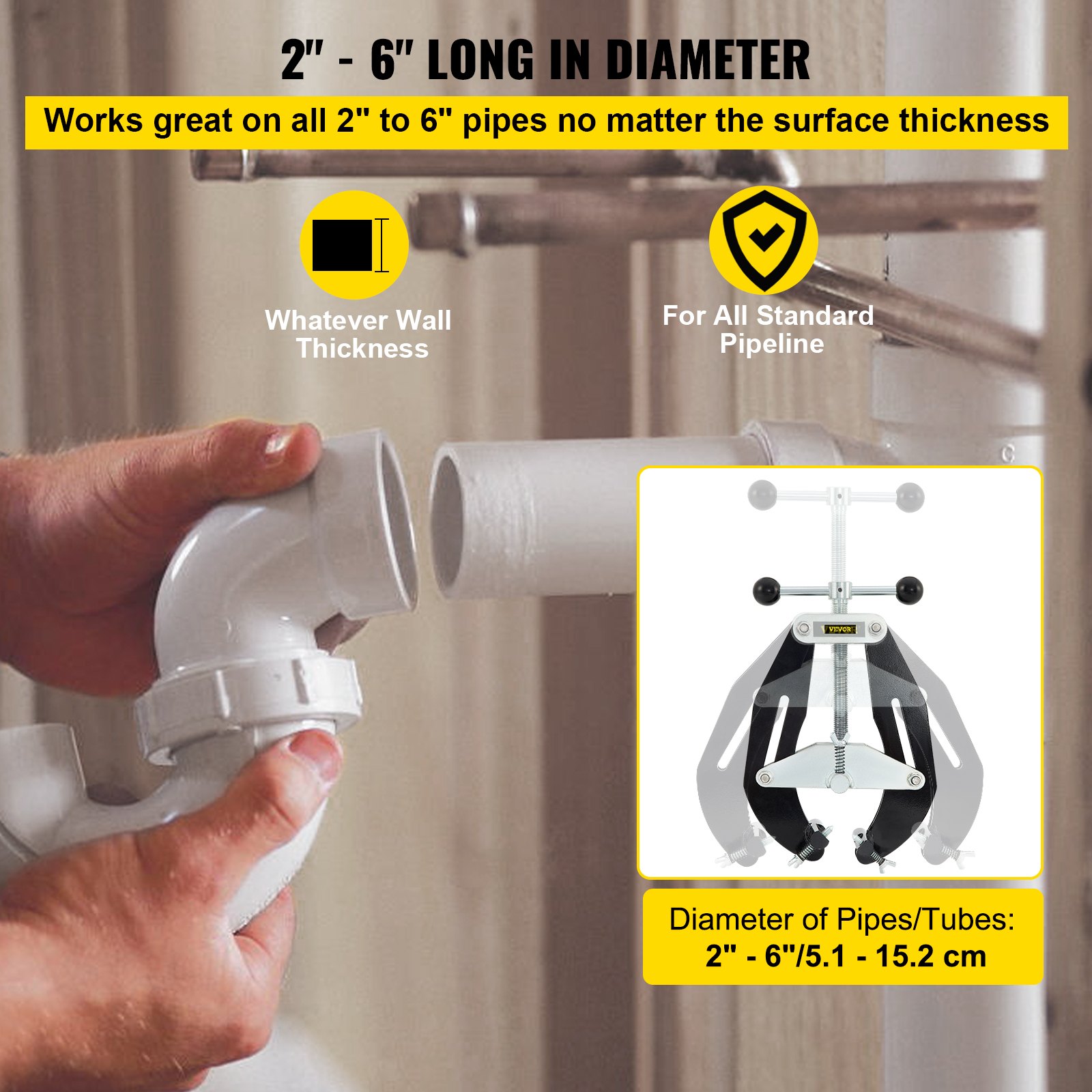 VEVOR pipe clamp for 2&quot; to 6&quot; pipes, versatile for all wall thicknesses and standard pipelines.