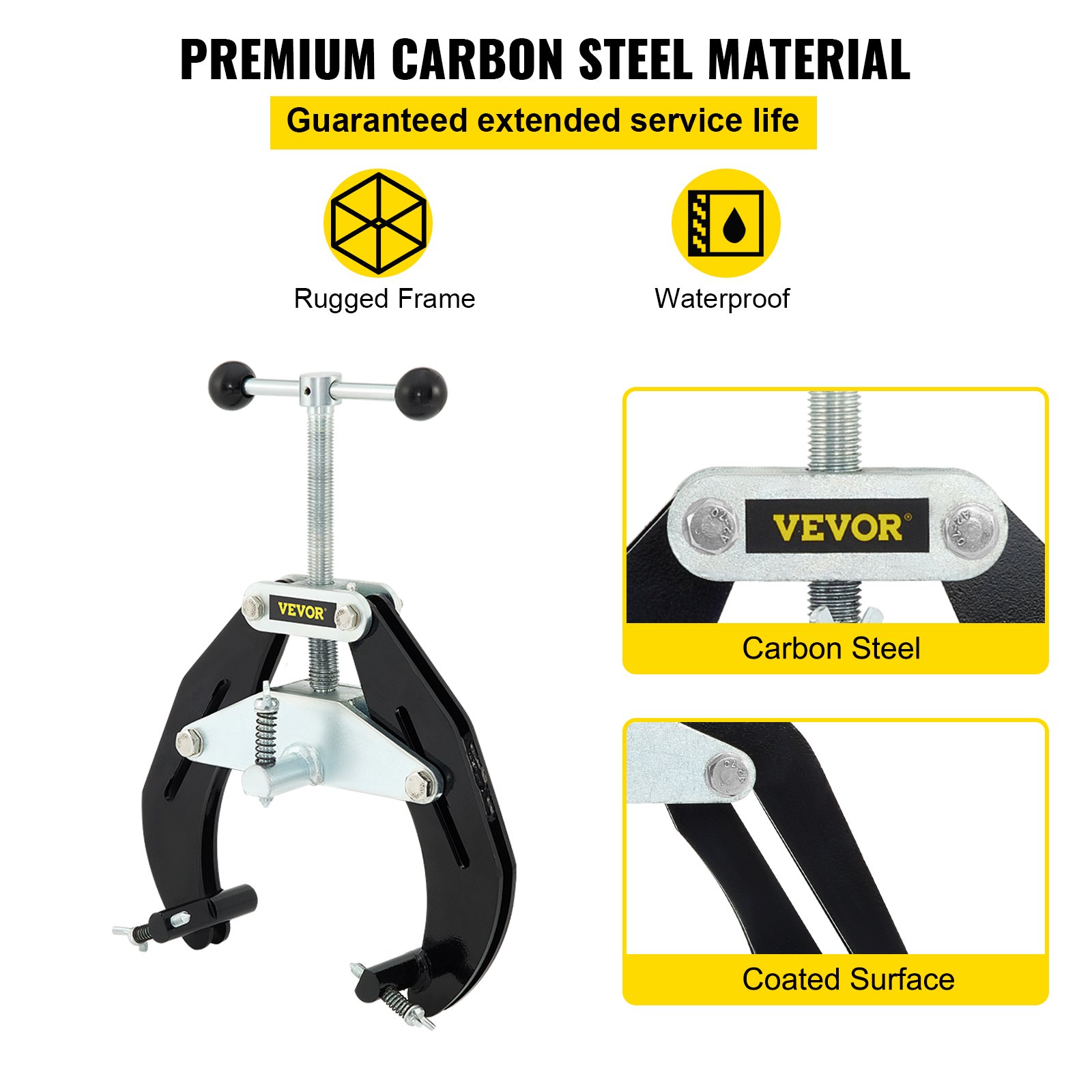 VEVOR pipe clamp with premium carbon steel, rugged frame, waterproof, and coated surface.