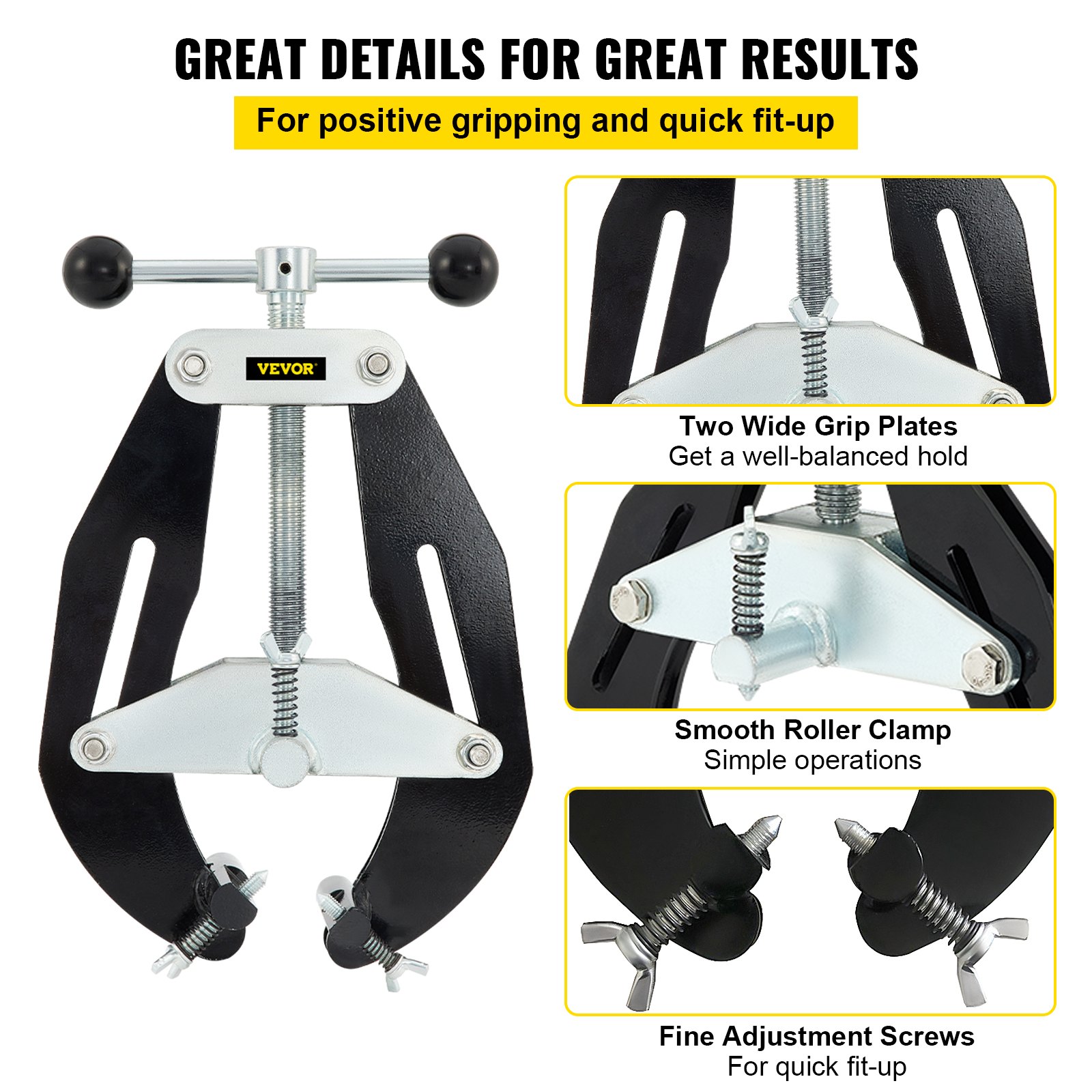 VEVOR pipe clamp features wide grip plates, smooth roller clamp, and fine adjustment screws for quick fit-up.